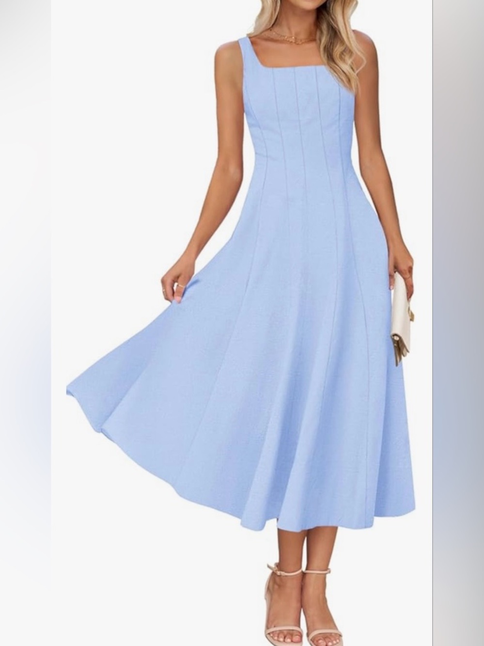 Merokeety Women’s Summer Flowy A Line Beach Light Blue Square Neck Dress Size S